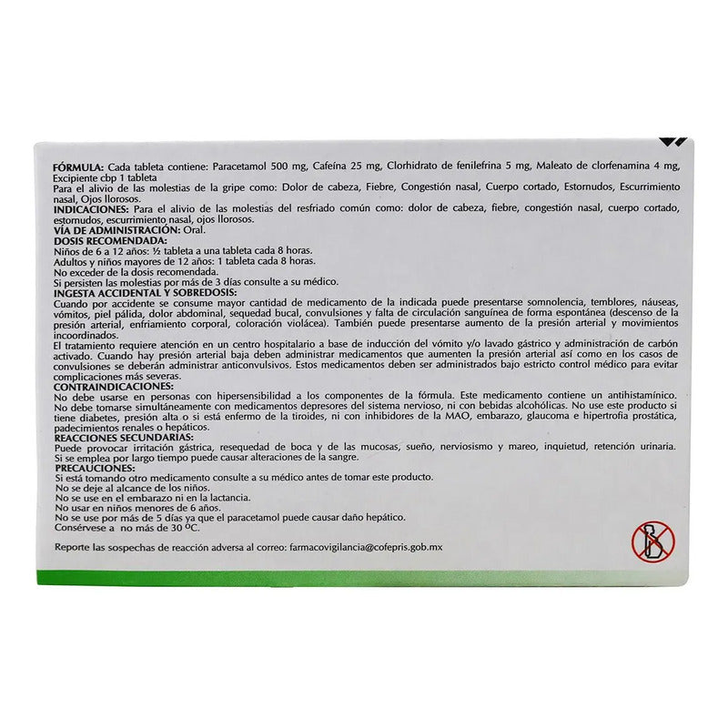Paracetamol/cafeína/fenilefrina/clorfenamina (amsa) C/10 Tabs. 500/25/5/4 Mg.