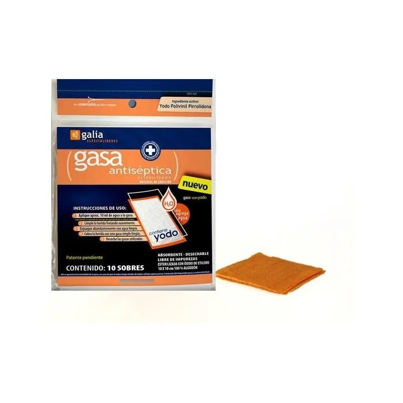 10 Sobres De Gasa Estéril Antiséptica Con Yodo 10x10cm.