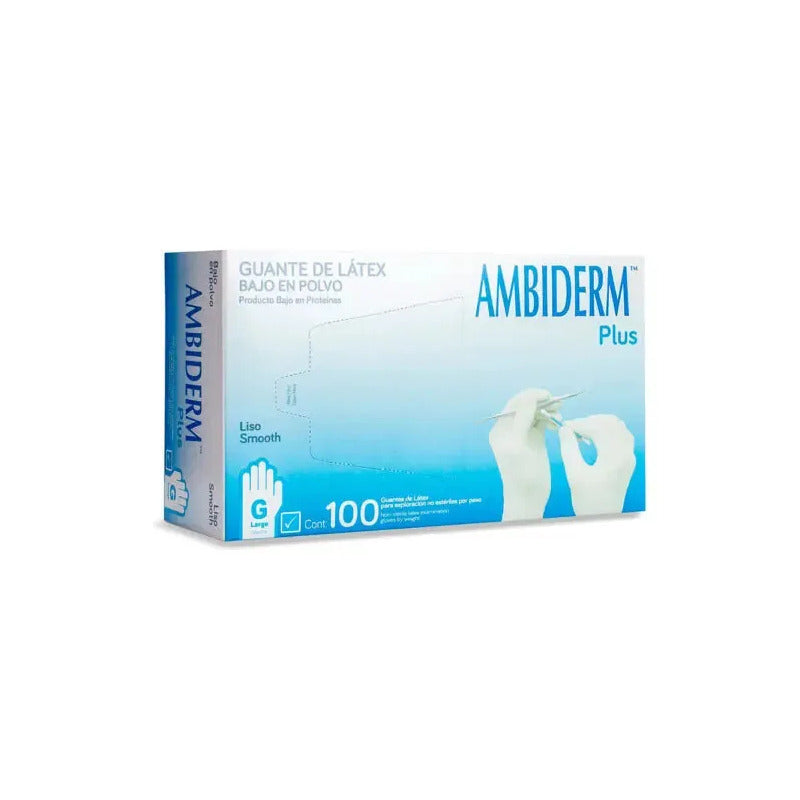 Guante De Latex Plus Ambiderm No Estéril Con 100 Pzas Color Blanco Talla Grande G