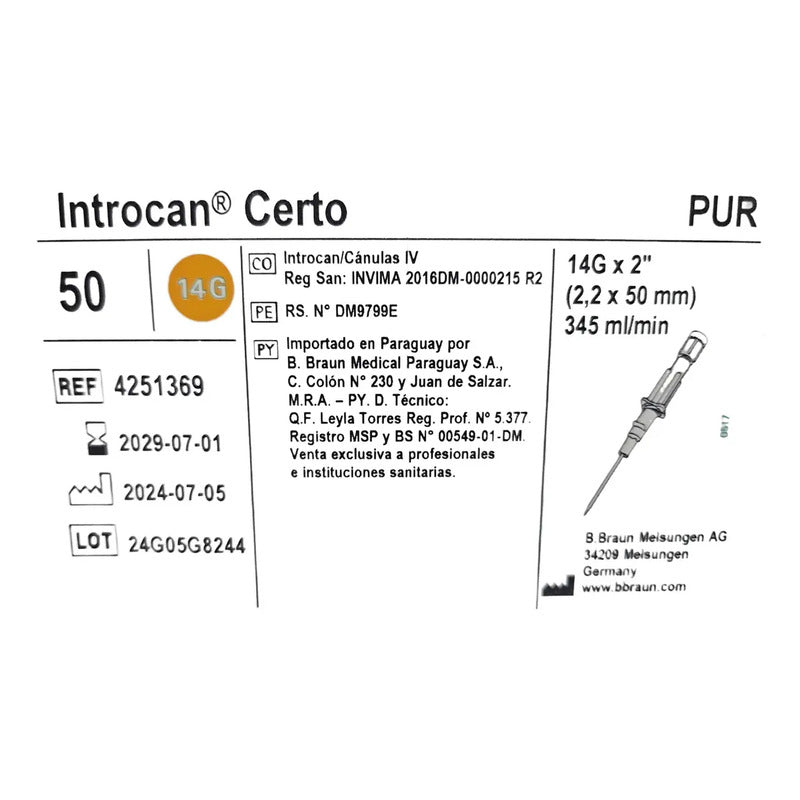 Cateter Intravenoso Introcan Certo Jelco 14g