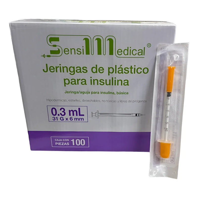 100 Jeringas Para Insulina Sensimedical 31g X 6mm 0.3ml Capacidad En Volumen 3ml 3 Ml