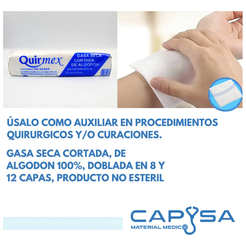 Gasas No Estériles 7.5x5cm Paquete C/200 12capas Uso Clinico Blanco