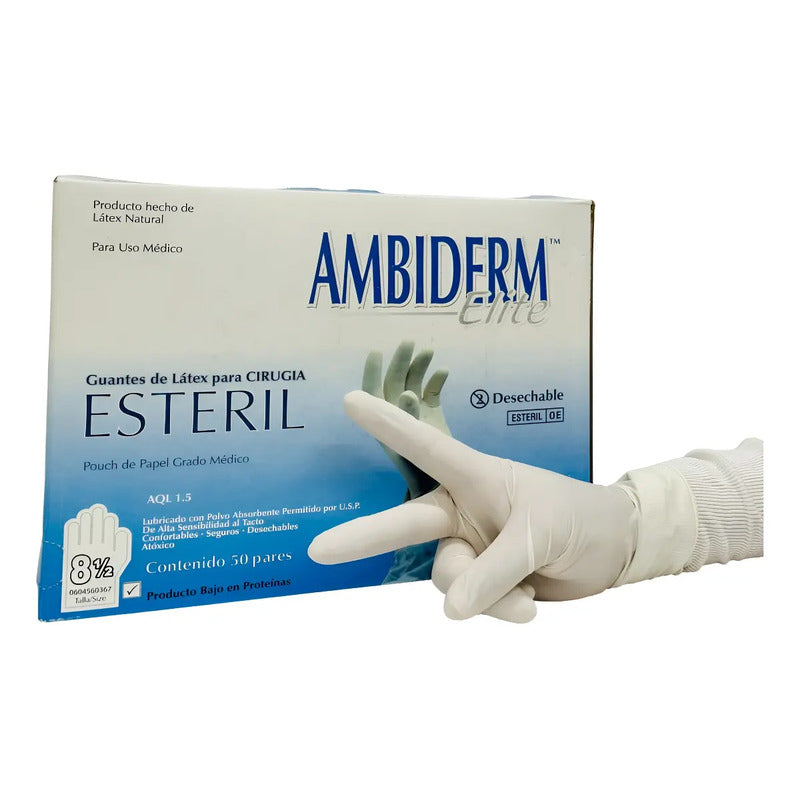 Guantes Látex Estéril Ambiderm Cirujano #8.5 Caja C/50 Pares Natural 8.5