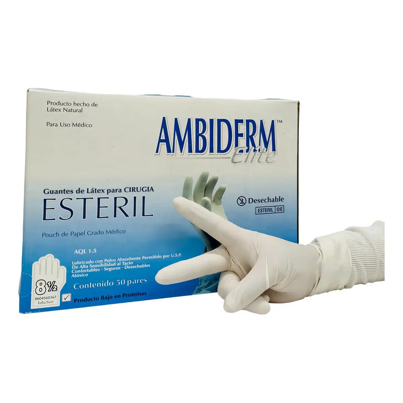 Guantes Látex Estéril Ambiderm Cirujano #8.5 Caja C/50 Pares Color Natural Talla 8.5