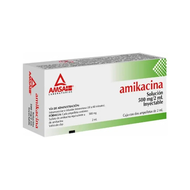 Amikacina Solución Inyectable 500 Mg/2ml, 2 Ampolletas 2 Ml