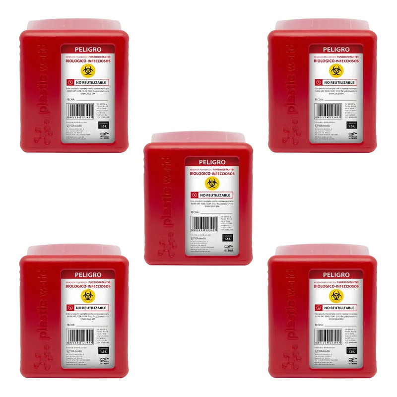 5 Botes Rpbi Contenedor Recolector 1.5 Lts Punzocortante Rojo