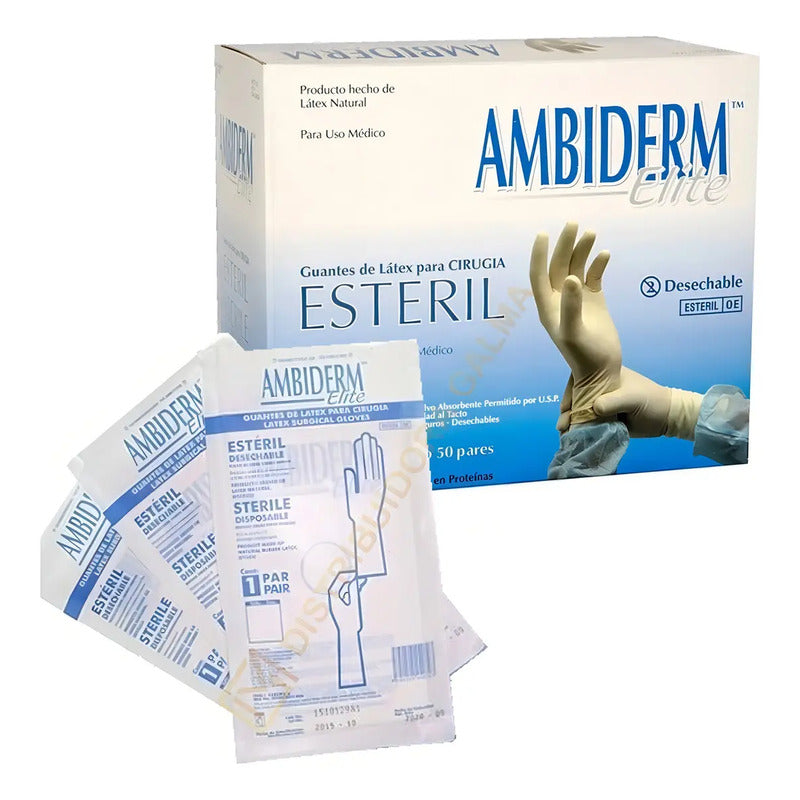 Guante Latex Ambiderm Cirujano Esteril Caja 100 Pz. Talla6.5 Natural 6.5