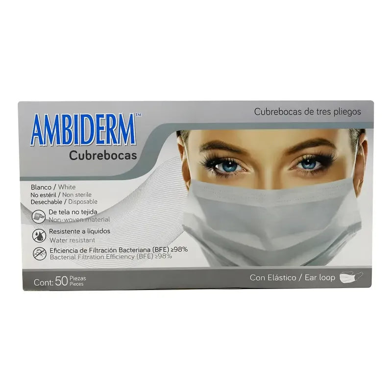 Cubre Bocas 3 Pliegos Ambiderm Blanco Caja C/50 Liso