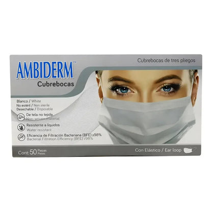 Cubre Bocas 3 Pliegos Ambiderm Blanco Caja C/50 Liso