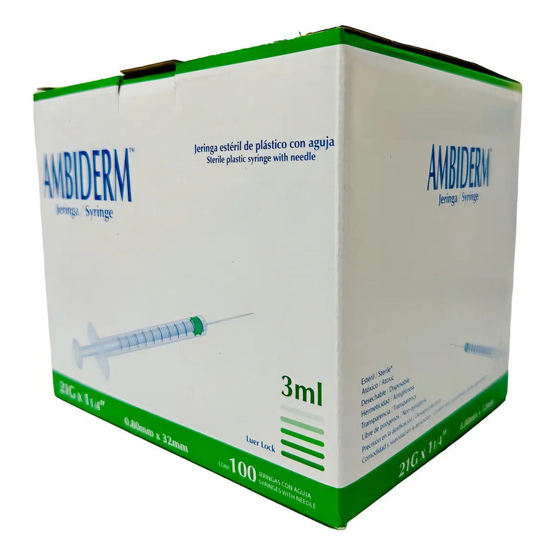 100 Jeringas De Plástico 3ml Con Aguja 21gx32mm Estéril Capacidad En Volumen 3 Ml