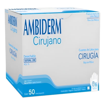Guante Latex Ambiderm Cirujano Esteril Caja 100 Pz. Talla6.5 Natural 6.5