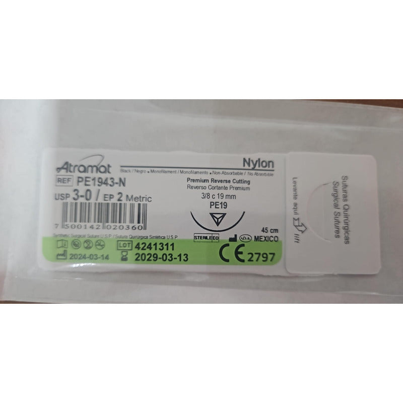 Sutura Atramat Nylon Tamaños A Elegir Verde Lima 3-0 Cortante 19mm