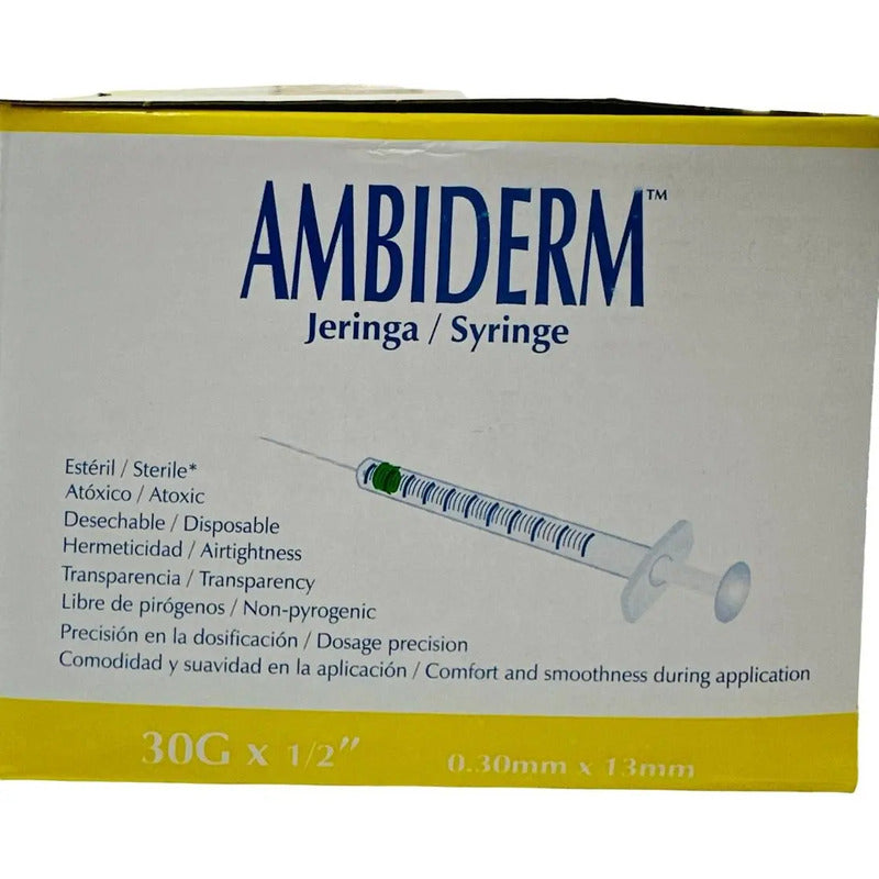Jeringa Para Insulina 30gx13mm De 1ml Ambiderm Caja/100 Pz Capacidad En Volumen 1 Ml