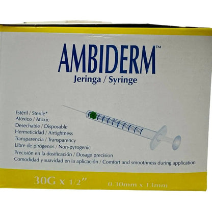 Jeringa Para Insulina 30gx13mm De 1ml Ambiderm Caja/100 Pz Capacidad En Volumen 1 Ml