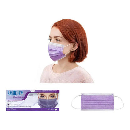 1 Caja Con 50 Pzas Cubre Bocas Tripliegue Ambiderm Violeta Violeta No Tejida