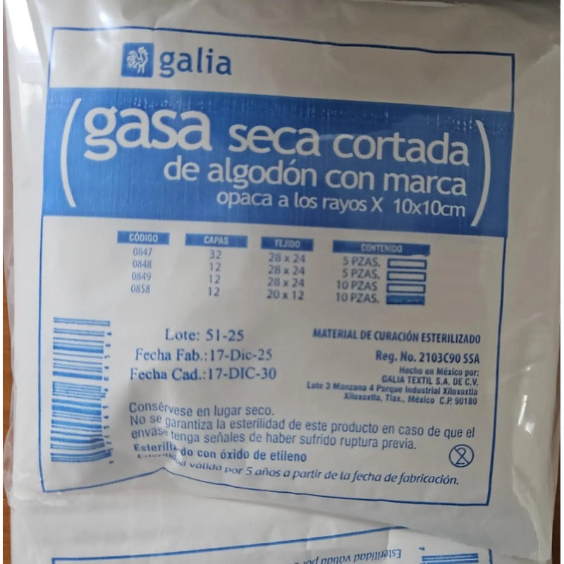 5 Paq. De Gasa Esteril Con Trama 10x10 (10 Gasas X Paquete) Blanco