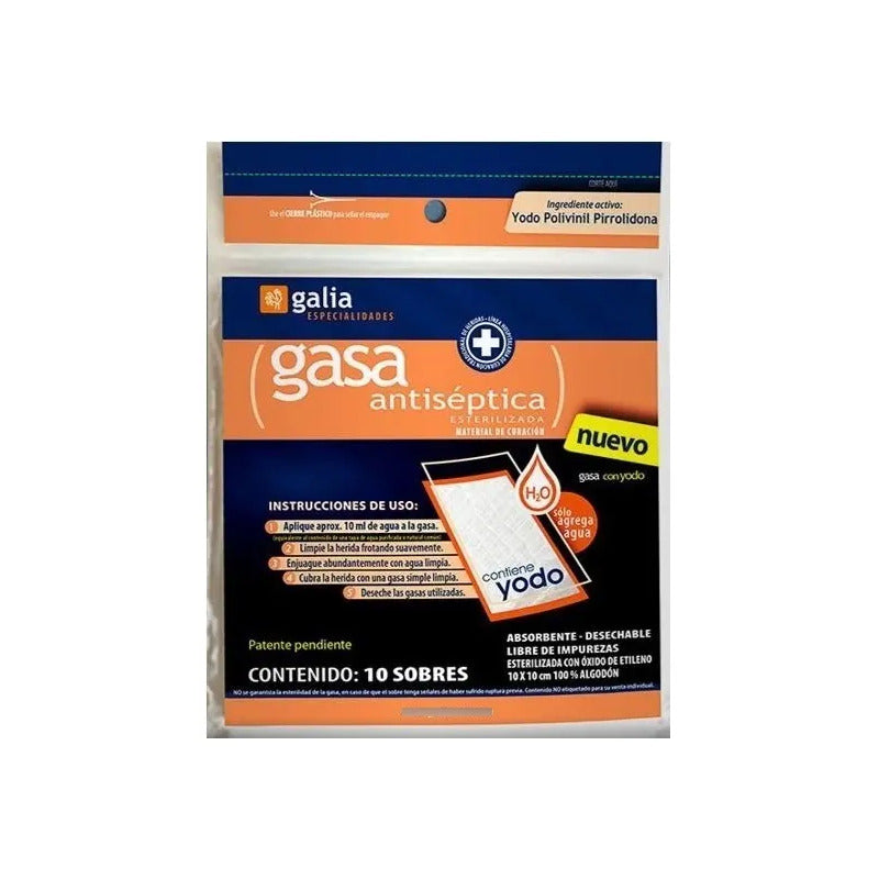 10 Sobres De Gasa Estéril Antiséptica Con Yodo 10x10cm.