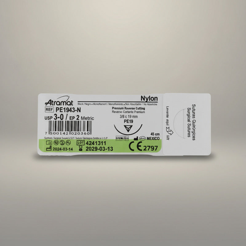 Sutura Atramat Nylon Tamaños A Elegir Verde Lima 3-0 Cortante 19mm