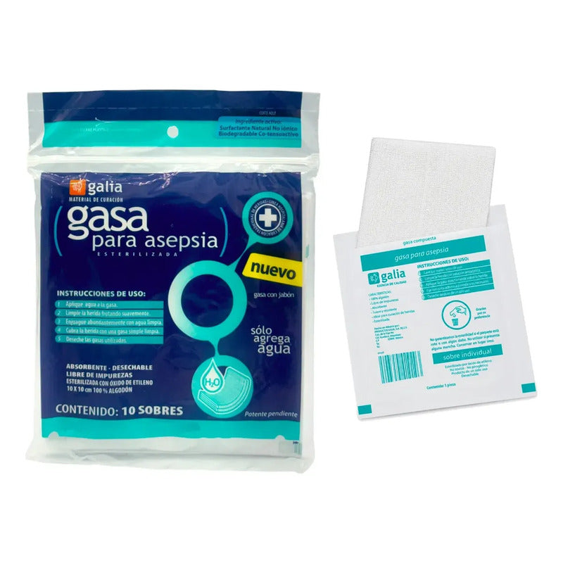 Bolsa C/10 Sobres De Gasa Para Asepsia Estéril Galia 10x10cm Blanco