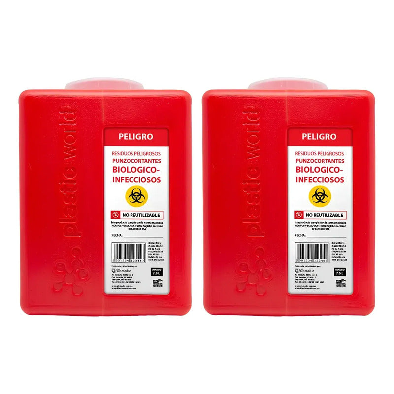 2 Botes Rpbi Contenedor Recolector 7.5 Lts Punzocortante Rojo