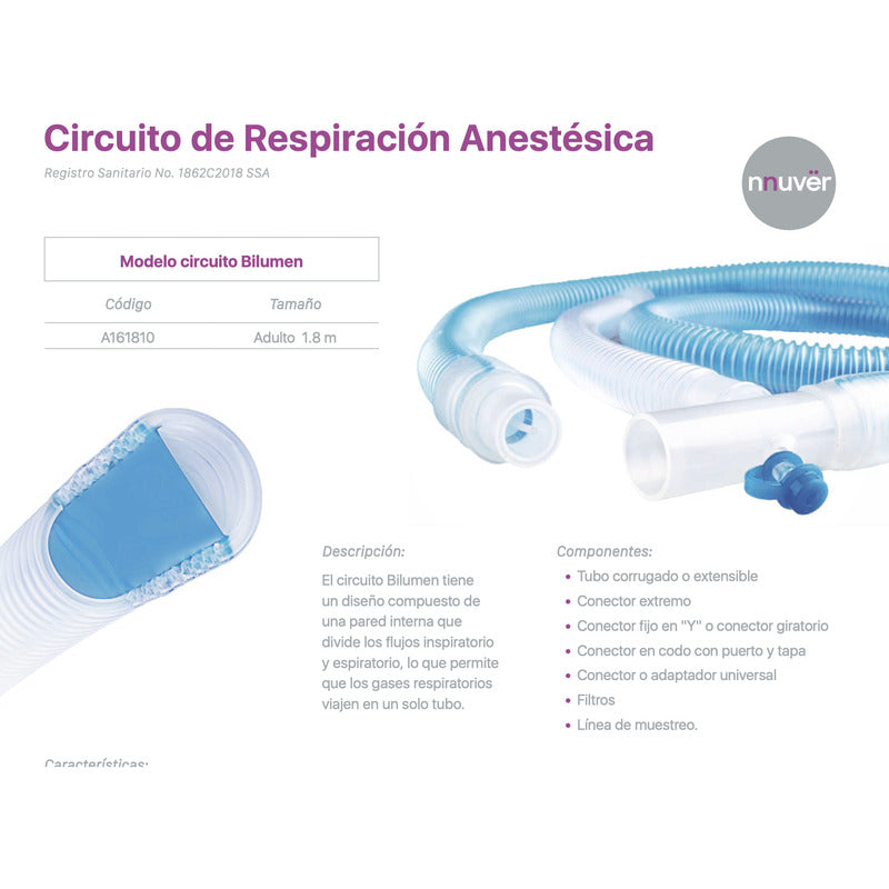 Circuito De Ventilación Para Anestesia Mod. Bilumen Adulto