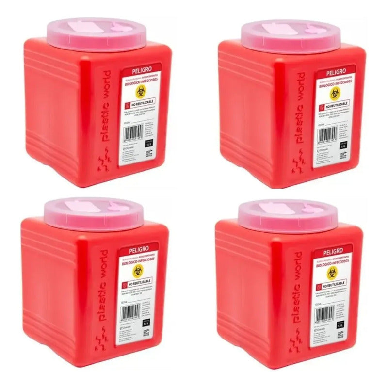 4 Botes Rpbi Contenedor Recolector 1.5 Lts Punzocortante Rojo