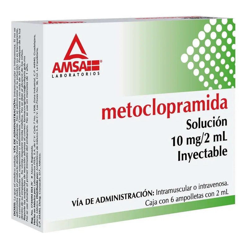 Metoclopramida Solución Inyectable 10 Mg/2 Ml, 6 Ampolletas 2 Ml