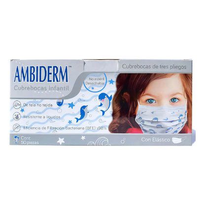 Cubrebocas Infantil Para Niños Ambiderm 50 Piezas Blanco Blanco Con Delfines