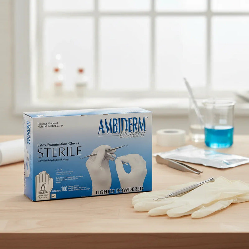 Guante Esteril Ambiderm 100 Guantes  Talla Mediana Original Blanco Mediano