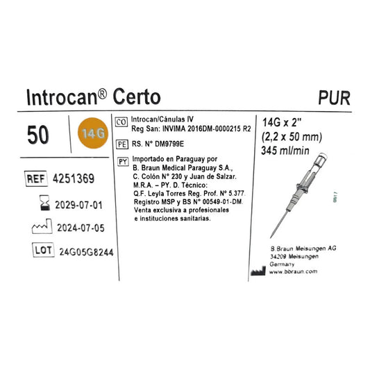 Cateter Intravenoso Introcan Certo Jelco 14g