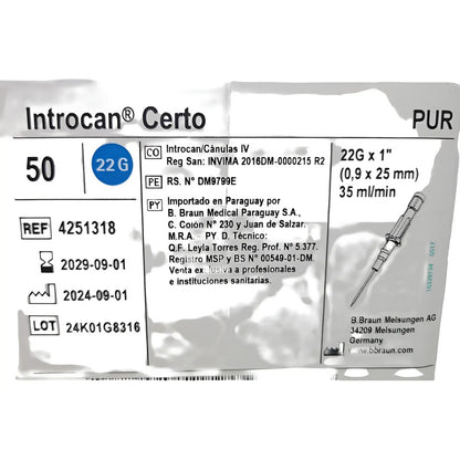 Cateter Intravenoso Introcan Certo  Jelco 22g