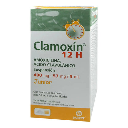 Clamoxin 12h Suspensión 400 Mg/57 Mg/5 Ml, 1 Frasco 50 Ml + Vaso Dosificador