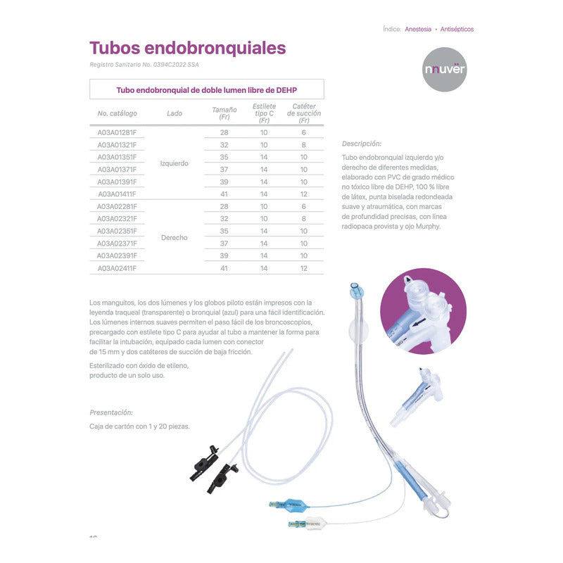 Tubo Endobronqueal Doble Lumen Sin Dehp 32fr Izquierdo
