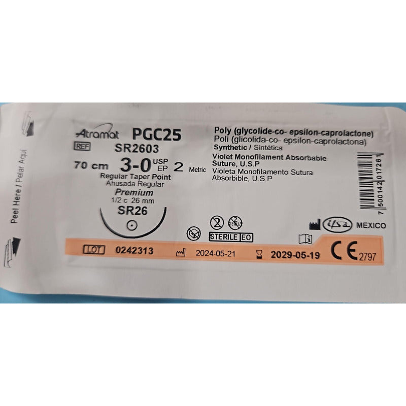 Sutura Atramat Pgc25 Tipo Monocryl Tamaños A Elegir 3-0 Redondo 26mm