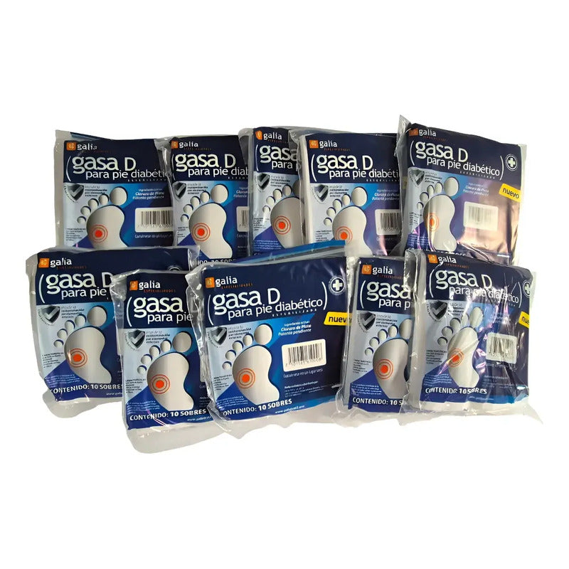 10 Bolsas De Gasa Pieddiabetico Estéril 10x10cm 10gasas C/u Blanco