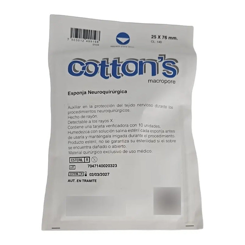 Cotonoide Neuroquirúrgico 1 Sobres Con 10pz De 25x76mm Blanco