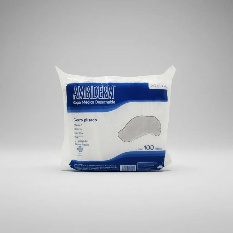 Cofia Plisada Blanca Ambiderm Desechable Caja C/100 Pzs