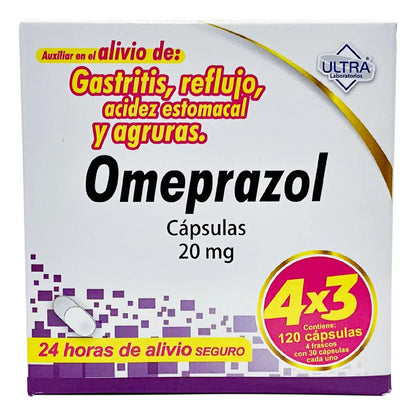 Omeprazol Cápsulas 20 Mg, 4 Frascos X 30 Cápsulas