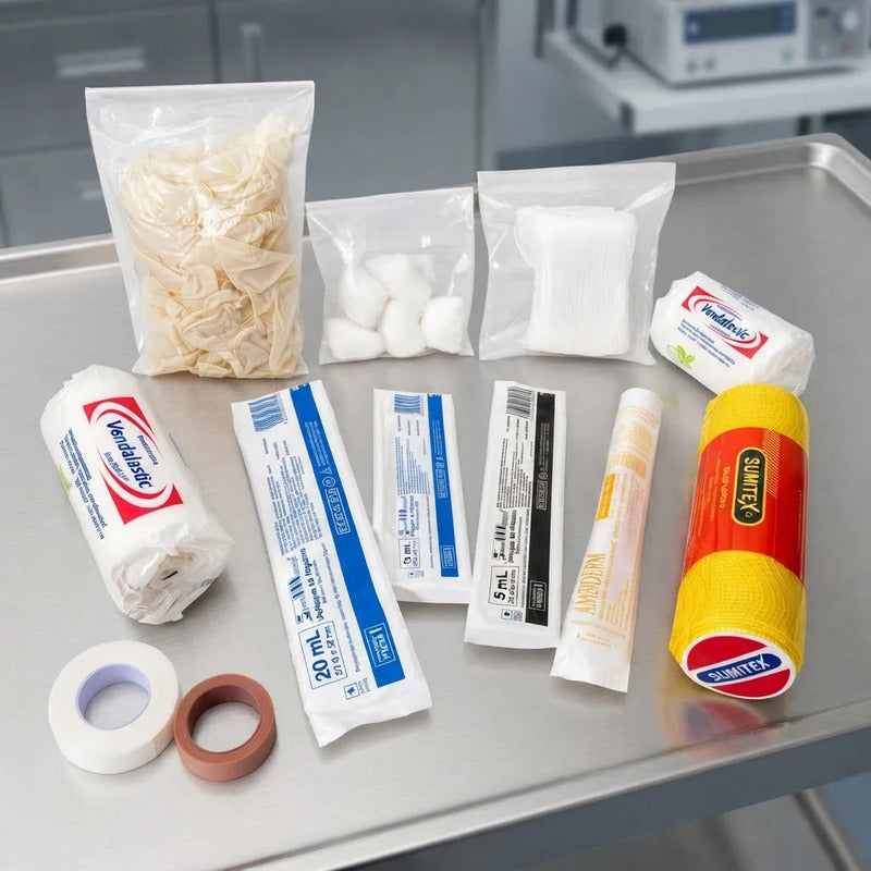 Kit De Curación Médico Con Jeringas, Gasas, Vendas Y Guantes Beige