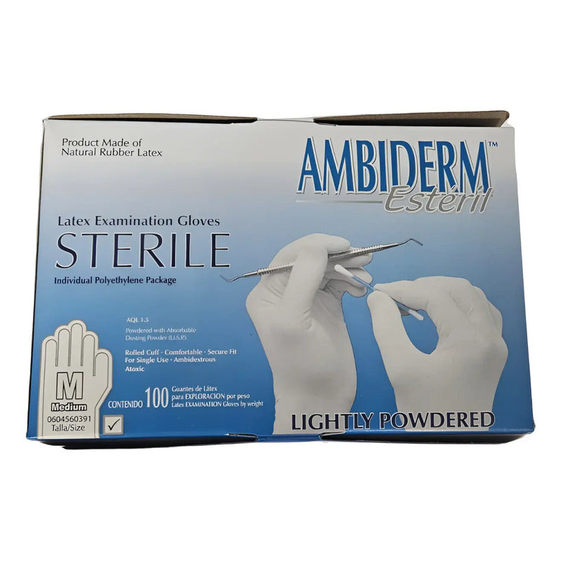Guante Esteril Ambiderm 100 Guantes  Talla Mediana Original Blanco Mediano