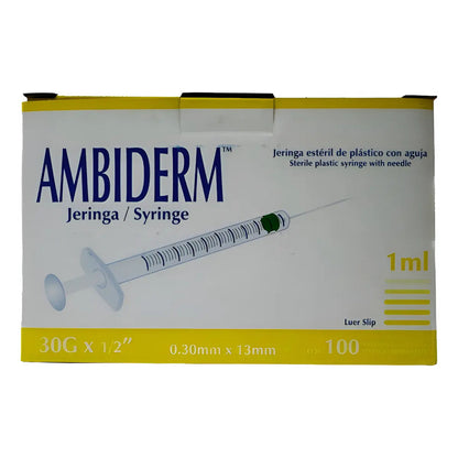 Jeringa Para Insulina 30gx13mm De 1ml Ambiderm Caja/100 Pz Capacidad En Volumen 1 Ml