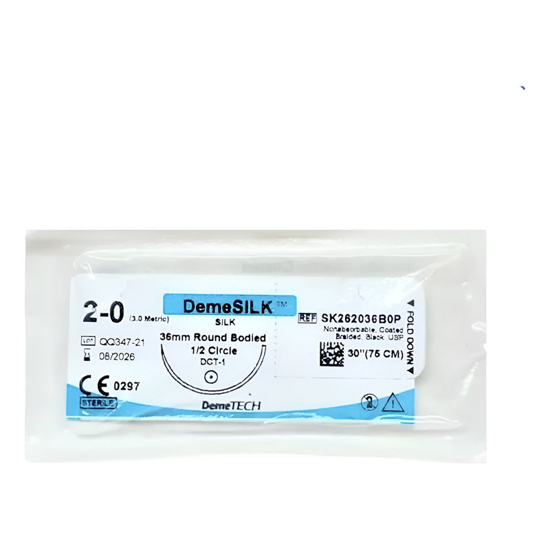 Caja C/12 Sutura Seda 2-0 Redonda 26mm Demetech Blanco