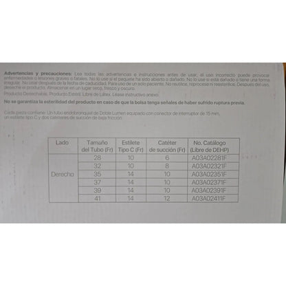 Tubo Endobronqueal Doble Lumen Sin Dehp 32fr Izquierdo