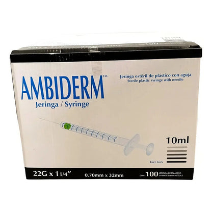 Jeringa Desechable Ambiderm 10ml C/aguja 22gx32mm Negra 100u Capacidad En Volumen 10 Ml