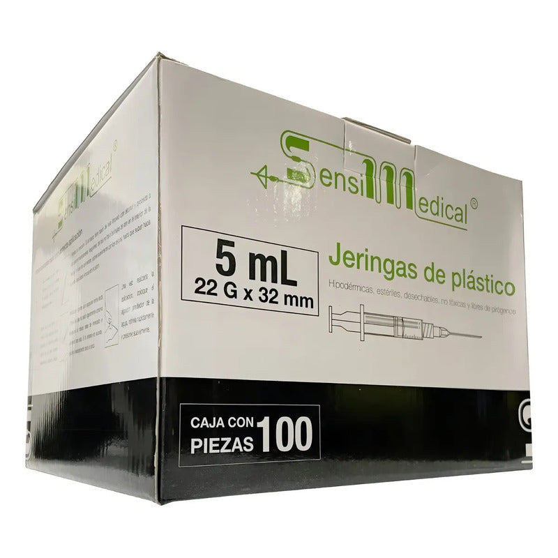 Jeringa Sensimedical 5ml C/aguja 22gx32mm Negro Caja C/100pz Capacidad En Volumen 5 Ml