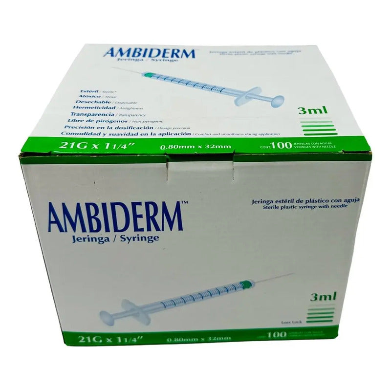 100 Jeringas De Plástico 3ml Con Aguja 21gx32mm Estéril Capa 3 Ml