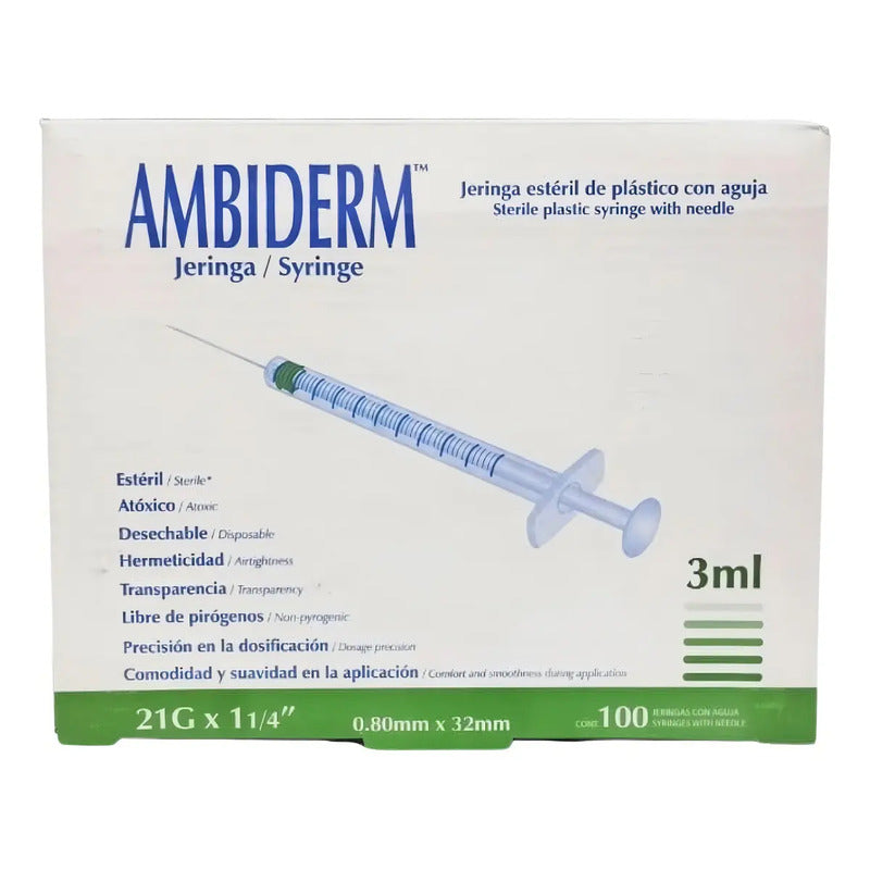 100 Jeringas De Plástico 3ml Con Aguja 21gx32mm Estéril Capacidad En Volumen 3 Ml