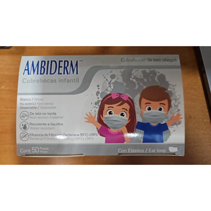 Cubrebocas Tricapa Blanco Infantil Ambiderm 50pz Blanco