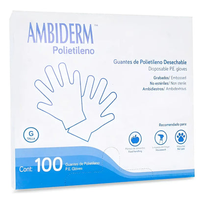 10 Cajas De Guantes De Polietileno Ambiderm Caja C/100 C//u Blanco Mediano