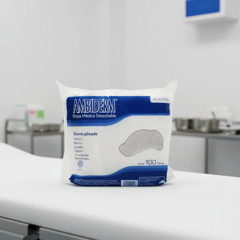 Cofia Plisada Blanca Ambiderm Desechable Caja C/100 Pzs